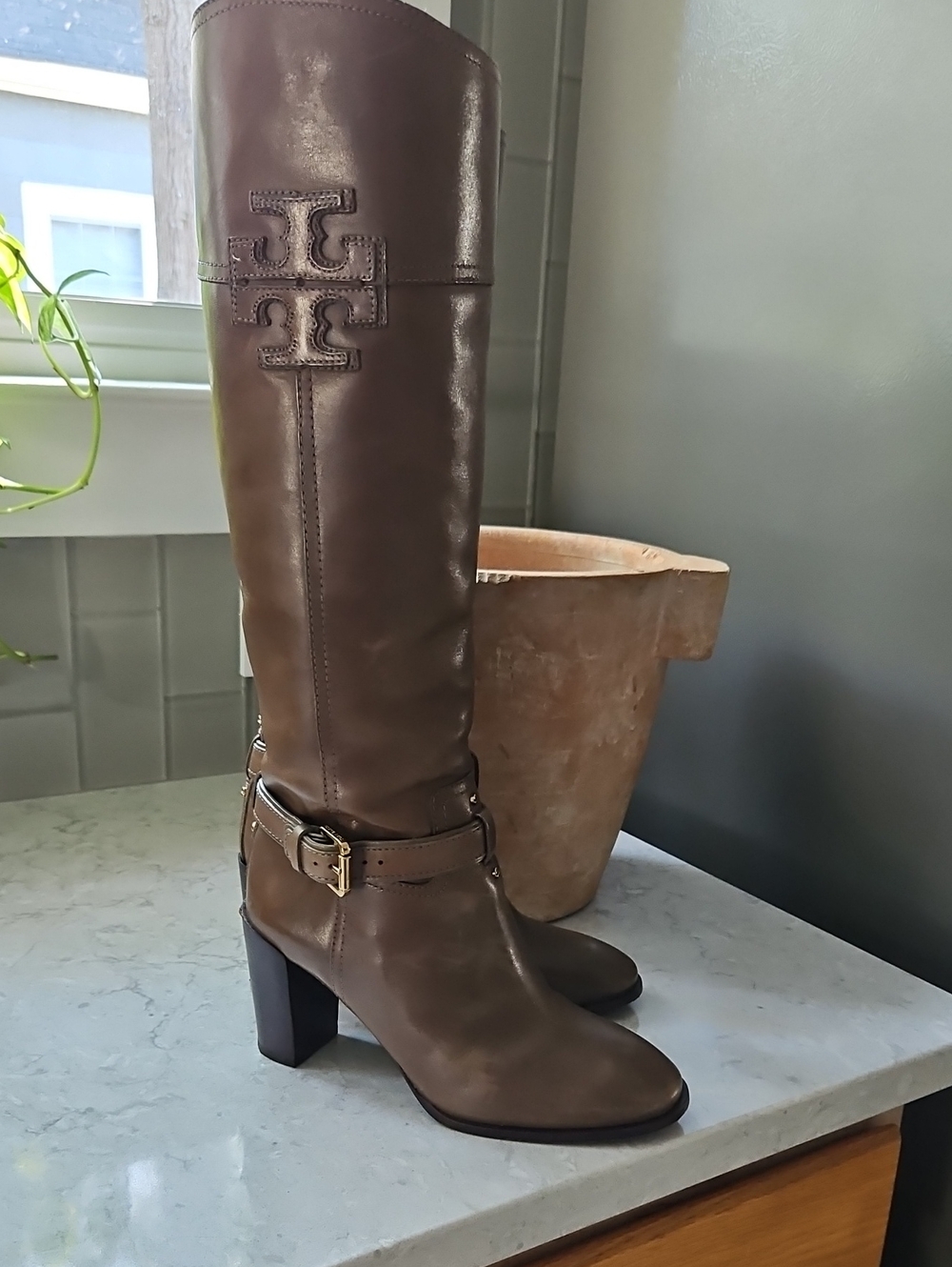 Tory Burch Tall Green Leather Riding Boot with Buckle Detail